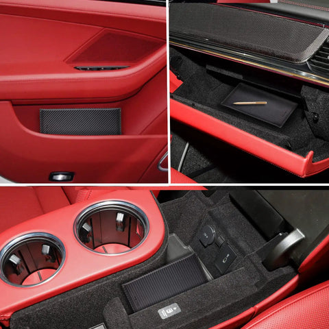 Slick Carbon Fiber Black Car Registration And Insurance Card Holder With Fast Flip Clear Window inside a red car interior.