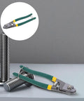 Heavy Duty Multi Function Wire Stripping Pliers And Cable Cutter Crimping Tool With Ergonomic Grip beside metal bolts on a workbench.