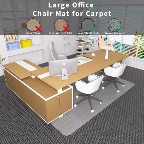 Clear Office Chair Mat For Carpeted Floors 63x51 Inches in office setting, protecting low-pile carpet from chair movement
