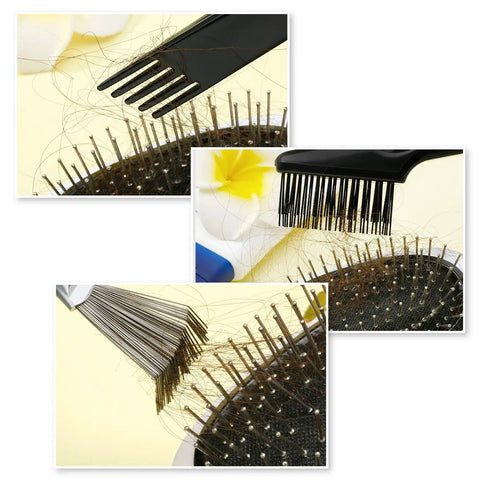 Two In One Hair Brush Cleaning Tool With Dual Sided Brush And Metal Rake cleaning hair from brush at home or in the salon
