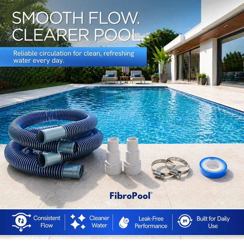 Heavy Duty 1.5 Inch Pool Filter Hose Kit 6 Ft 2 Pack With Reinforced Cuffs Clamps Adapters And PTFE Tape Included next to pool