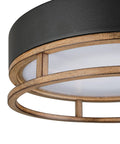 Close-up of One Light Integrated LED Flush Mount Ceiling Light For Indoor And Outdoor Use, Matte Black, Faux Wood, Frosted Diffuser