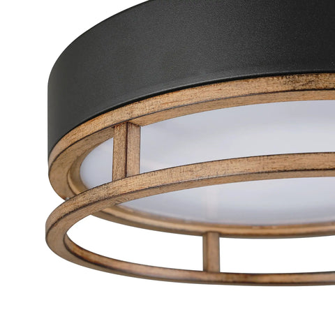 Close-up of One Light Integrated LED Flush Mount Ceiling Light For Indoor And Outdoor Use, Matte Black, Faux Wood, Frosted Diffuser