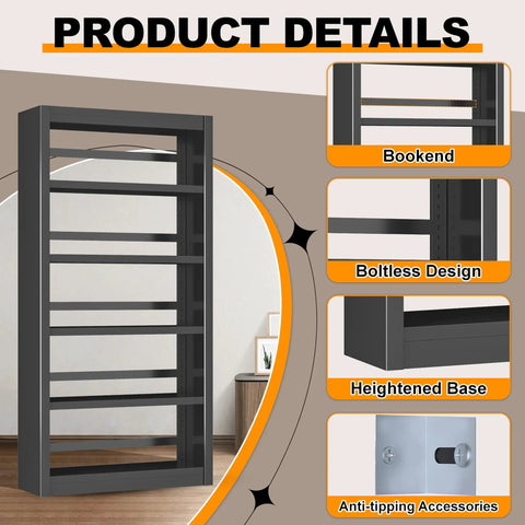 Heavy Duty 69 Inch Tall Metal Bookshelf Five Tier Adjustable Bookshelf In Black Finish For Home Office Storage product details