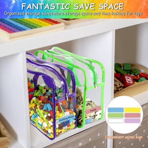 Six Pack Large Clear Toy Storage Bags With Labels, purple and green PVC bags holding blocks on shelf