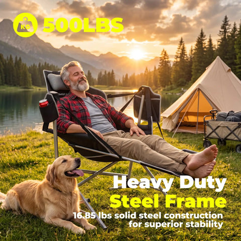 Oversized Hammock Camping Chair With Footrest, Swing Rocker Design by riverside with man relaxing and dog, adjustable outdoor lounger