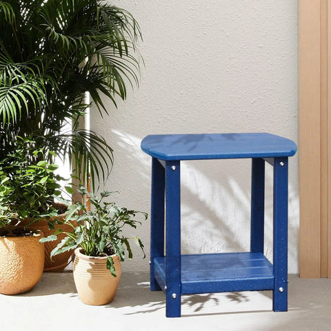 Blue Square Outdoor Side Table With 2-Tier Storage, Weatherproof HDPE End Tables For Backyard Pool Porch Garden Lawn