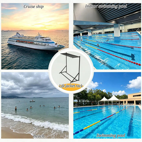 Rolling Life Jacket Display Rack for Pools and Docks, cruise ship, swimming pools, and beach backdrop.