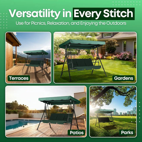 Replacement Canopy For Outdoor Swing 66 Inch By 45 Inch Two Seat Bench Glider Shade Cover Weatherproof UV Protected Green Fabric in various settings