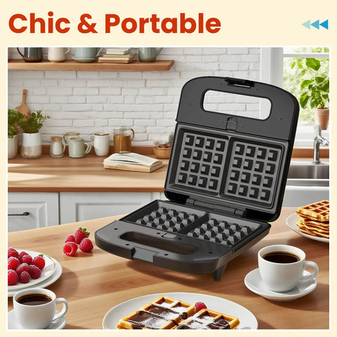 Awesome 3 in 1 Electric Sandwich Maker With Panini Press Grill And Waffle Iron Set showing removable nonstick plates and coffee.