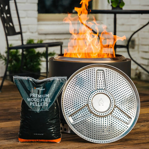 Yukon Pellet Adapter For Outdoor Fire Pit, Dual Fuel Conversion Accessory, 23.7 inch stainless steel beside fire pit