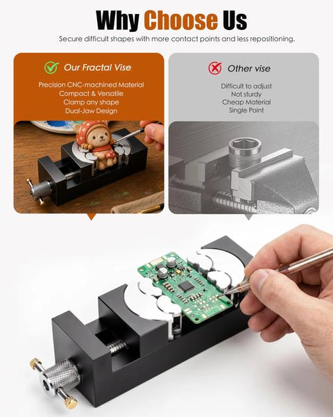 Heavy Duty Fractal Vise Giving You A Sweet Knockout Grip For Drill Press And Bench Clamping holding a circuit board securely.