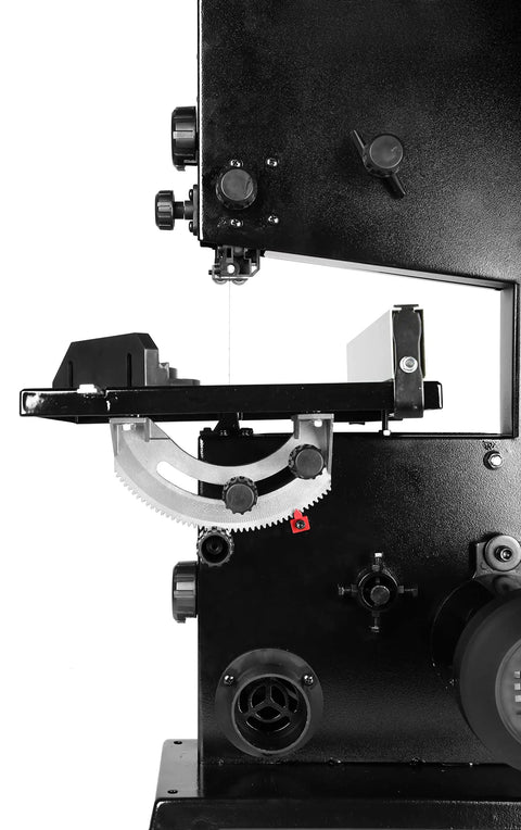 Side view of Beast 9-Inch Benchtop Band Saw With 2.8 Amp Motor, showing cutting mechanism and adjustable table saw features.
