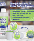 4 Pack Cleaning Cups With Descaler Bundle 2.0 Compatible For Keurig Nespresso Ninja Delonghi And All Coffee And Espresso Machines Keep Your Brew Tasty And Fresh By Removing Bitter Oils And Lime Scale Descale Built Up For Easy Maintenance. 8 oz descaler bottle and two cleaning cups displayed on a countertop.
