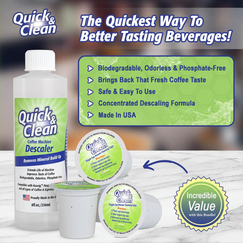 4 Pack Cleaning Cups With Descaler Bundle 2.0 Compatible For Keurig Nespresso Ninja Delonghi And All Coffee And Espresso Machines Keep Your Brew Tasty And Fresh By Removing Bitter Oils And Lime Scale Descale Built Up For Easy Maintenance. 8 oz descaler bottle and two cleaning cups displayed on a countertop.