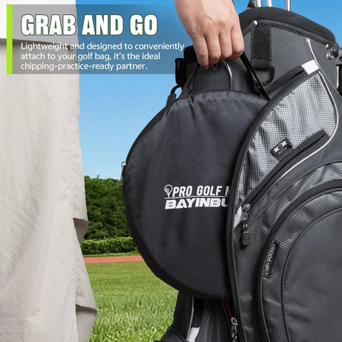 Two In One Golf Chipping Practice Net For Backyard Foldable Two And A Half Feet attached to golf bag outdoors
