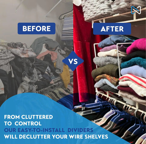 White Wire Shelf Dividers For Closet Organization, 8 Pack in use showing cluttered vs organized shelves with folded clothes.