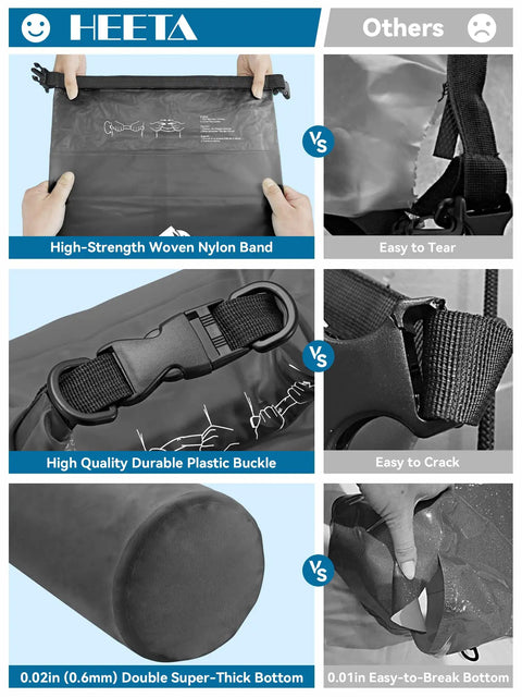 Comparison of high-strength features on Waterproof Dry Bag 10L Roll Top Unisex Grab and Go Outdoor Gear with submersible safety.