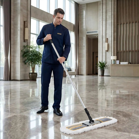 Heavy Duty 24 Inch Commercial Dust Mop Featuring Plush Absorbent Microfiber Pad For Quick Wet Or Dry Floor Cleaning in use by a person.