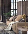 Pratt 18 Inch Desk Lamp With Matte Brass Finish, Adjustable Height on side table in modern living room setting