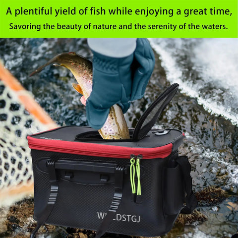 Foldable 6 Gallon EVA Fishing Bucket With Breathable Zippered Net Top holding a fish near water, showcasing portable use