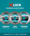 X-Lock diamond blade family showcasing segmented, turbo, and continuous blades, available in 4-1/2 and 5 inch sizes.