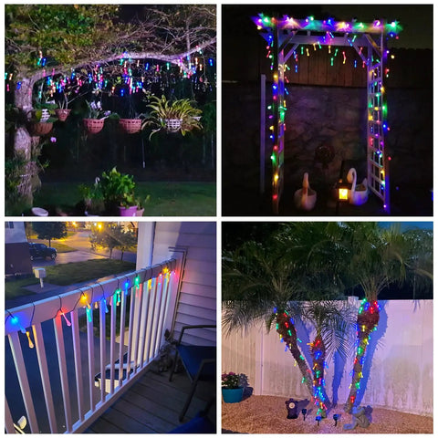 Water Drop Solar String Lights 2 Pack Outdoor Waterproof 41.6Ft Total Length 60 LED Teardrop Water Drop Lights decorating various outdoor areas.
