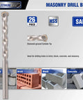 Front view of Platinum Edge 26-piece masonry drill bits set with diamond-ground carbide tip for brick and concrete.