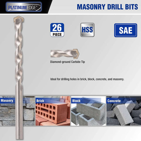 Front view of Platinum Edge 26-piece masonry drill bits set with diamond-ground carbide tip for brick and concrete.