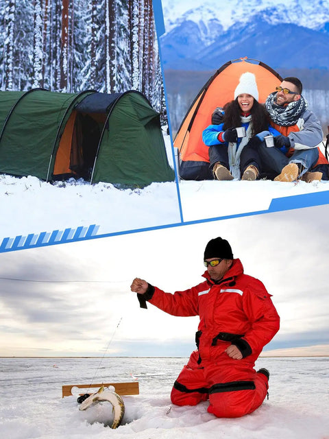 Man ice fishing next to a tent using Universal Ice Anchor Tool Kit For Ice Fishing Shelters, Drill Adapter For 1/2 Inch And 1/4 Inch Bits.