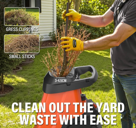 Person using Powerful 15-Amp Wood Chipper Shredder With 50L Collection Bin Mulches Up To 1.8-Inch Branches For Quick Yard Cleanup