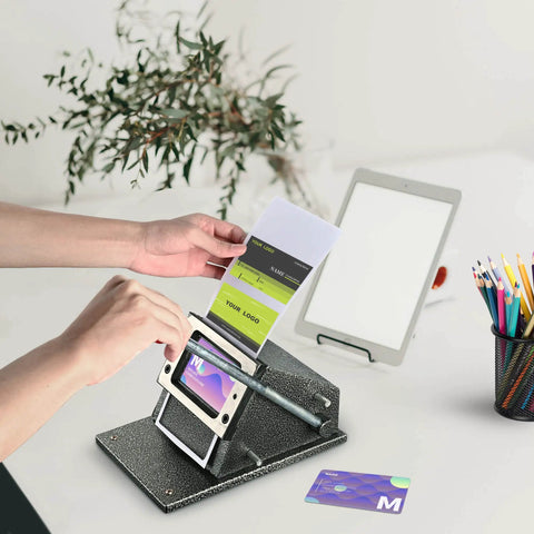 Manual Corner Cutter for Credit Cards and IDs with Round Corners, PVC Card Cutter for Passport Photos, in use on a desk