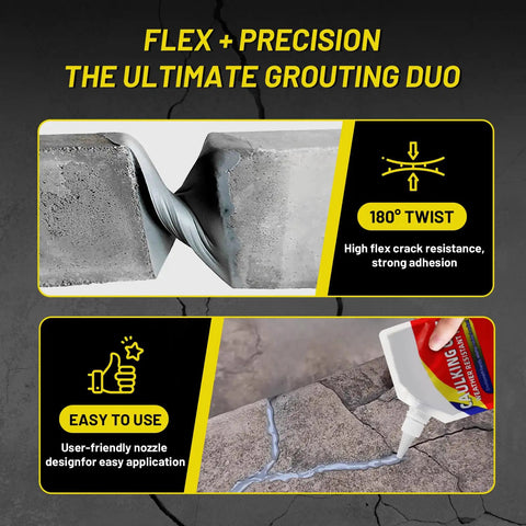 Close-up of Pro Grade Heavy Duty Concrete Crack Filler Caulking Sealant Kit for Driveways showing application on concrete surface.