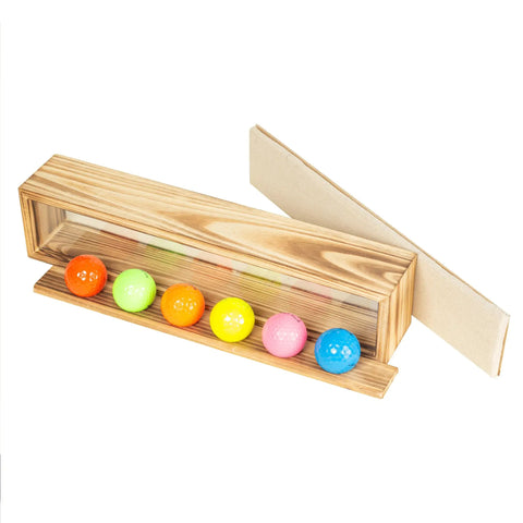Solid Wood Golf Ball Display Case Shadow Box Wall Rack With Glass Window showcasing colorful golf balls with open base.