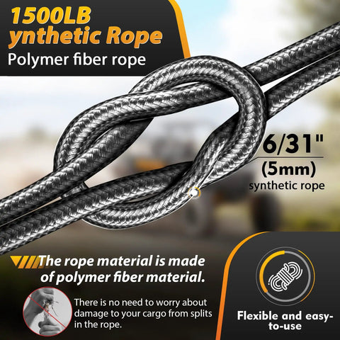 360 Degree Rotating Handheld Drill Winch 1500 Lb Capacity With 40 Ft Synthetic Rope, showing 1500 lb polymer fiber rope with a knot.