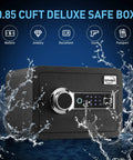 Biometric Fingerprint Safe Box 0.85 Cu Ft Heavy Duty Fireproof and Waterproof Cabinet with digital lock, shown in water resistance test.