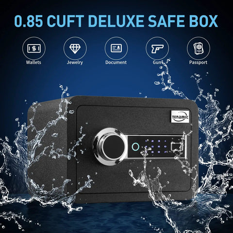 Biometric Fingerprint Safe Box 0.85 Cu Ft Heavy Duty Fireproof and Waterproof Cabinet with digital lock, shown in water resistance test.