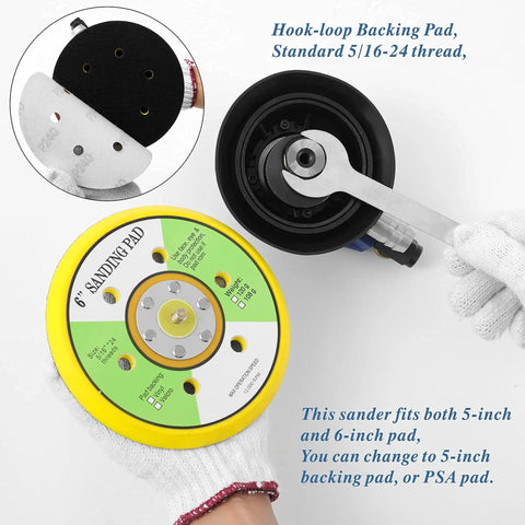 6 Inch Vacuum Orbital Sander With Dust Bag And Hose For Auto Body And Woodworking, Self Vacuum, showing backing pad installation.