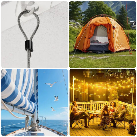 One Eighth Inch Aluminum Crimp Loop Sleeve Set Black Cable Ferrule For Wire Rope Crimps M3 50 PCS Rust Resistant Aluminum Durable Easy Crimp Heavy Duty Build For DIY Projects Repairs Fishing Camping Cables, shown on rope, tent, sail, and deck lights
