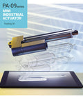 12V Industrial Linear Actuator With 6 Inch Stroke, Beefy 330 Lb Thrust, Stainless Steel Rod Visualized Above Tablet