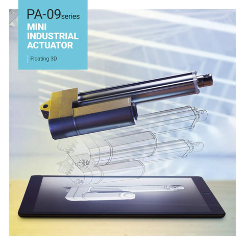 3D rendering of 12V Industrial Linear Actuator with 10 inch stroke, 330 lb thrust, stainless steel rod above tablet screen, PA-09-10-330 model.