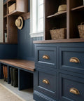 Mudroom with navy blue cabinets featuring Six Pack Antique Brass Zinc Alloy Cabinet Knobs Heavy Duty Solid Square Pulls For Cabinets And Dressers Rustic Vintage Hardware With M4 Screws Included Fits 0.67 To 1.45 Inch Thick Doors And Drawers.