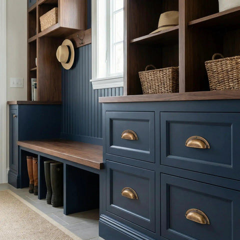 Mudroom with navy blue cabinets featuring Six Pack Antique Brass Zinc Alloy Cabinet Knobs Heavy Duty Solid Square Pulls For Cabinets And Dressers Rustic Vintage Hardware With M4 Screws Included Fits 0.67 To 1.45 Inch Thick Doors And Drawers.