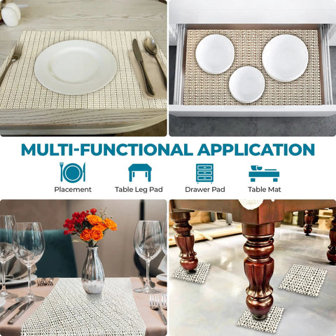 Cream open weave rug pad for versatile use as table leg pad and drawer liner, ensuring stability and style.