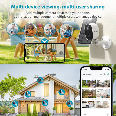 Solar Powered Outdoor Security Camera With Spotlight, 1080P Color Night Vision, app management on phone, house installation view