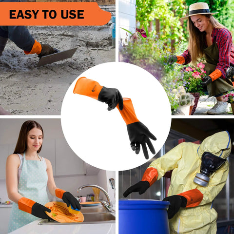Heavy Duty Chemical Gloves Set Of 2 Pairs With Waterproof Latex Anti Slip Grip For Firm Handling, shown in various uses.