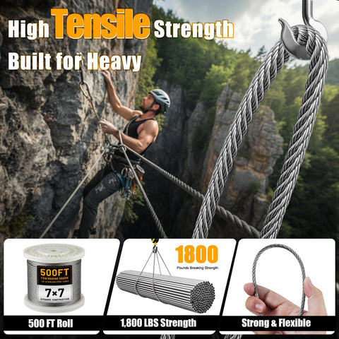 Rugged Marine Grade 1/8 Inch Stainless Steel Cable For Railing And Deck Fencing With Cutter, 7x7 Wire Rope, 500 Ft Roll