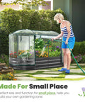 Raised Garden Bed With Clear PVC Cover, Galvanized Oval Garden Box For Outdoors, woman watering vegetables inside