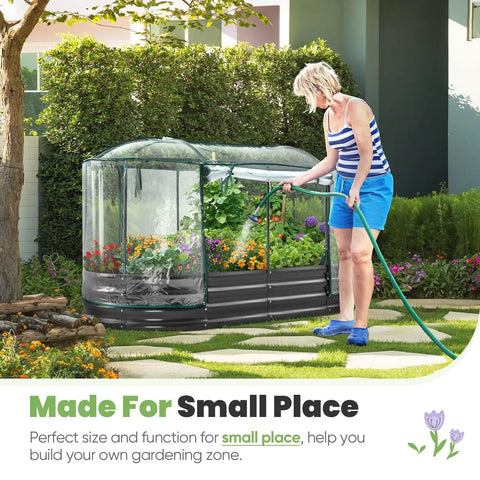 Raised Garden Bed With Clear PVC Cover, Galvanized Oval Garden Box For Outdoors, woman watering vegetables inside