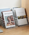Set Of 4 White Wire Storage Baskets For Freezer, Pantry, And Bathroom Organization on desk holding books